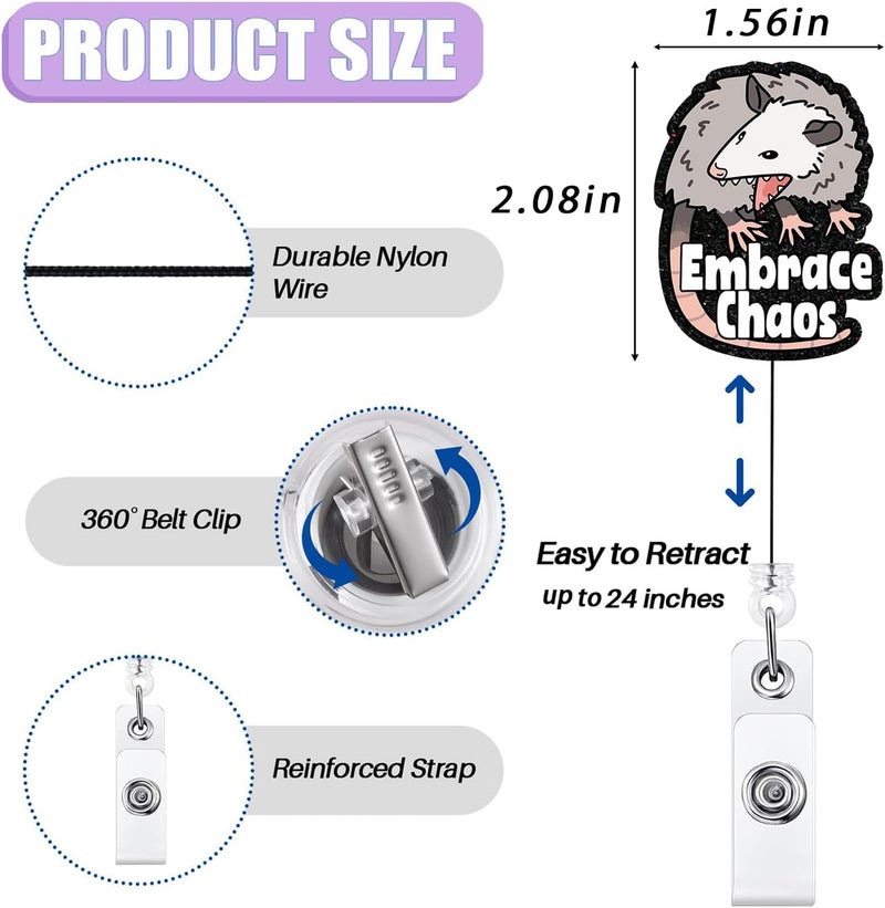 Bydevia Embrace Chaos Possum Badge Reel Retractable, Funny Animal Badge Reel for Nurse Nursing RN MA CNA LPN Medical Worker & Teacher, Opossum Lovers Badge Holder with Alligator Clip & 24” Durable Nylon Cord - Image 2